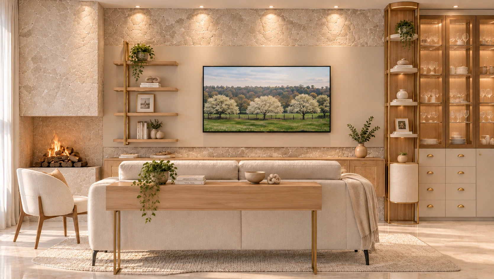 Visualização realista de sala com painel de pedra natural e marcenaria amadeirada